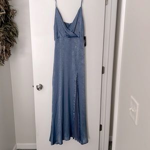 Blue Satin Maxi Dress(with side slit). Size XL